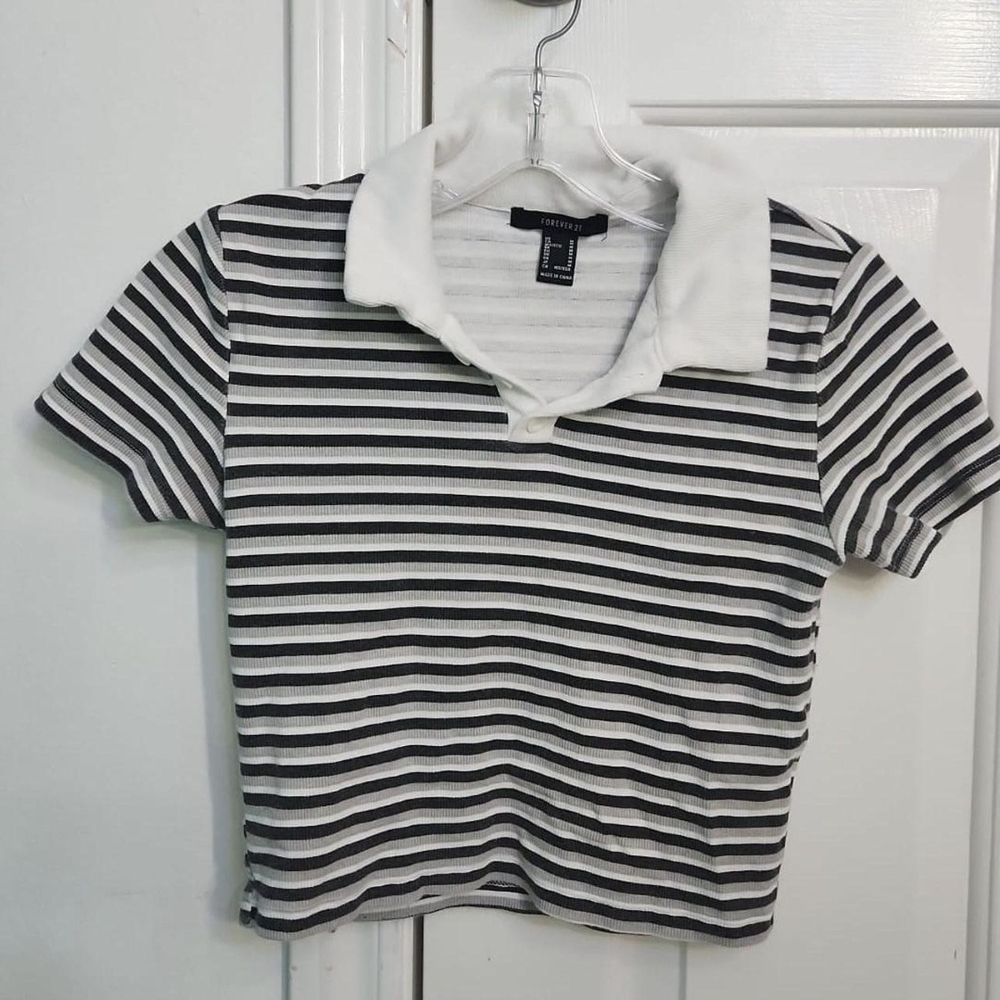 Forever 21 Black and White Striped Polo Collar Top
